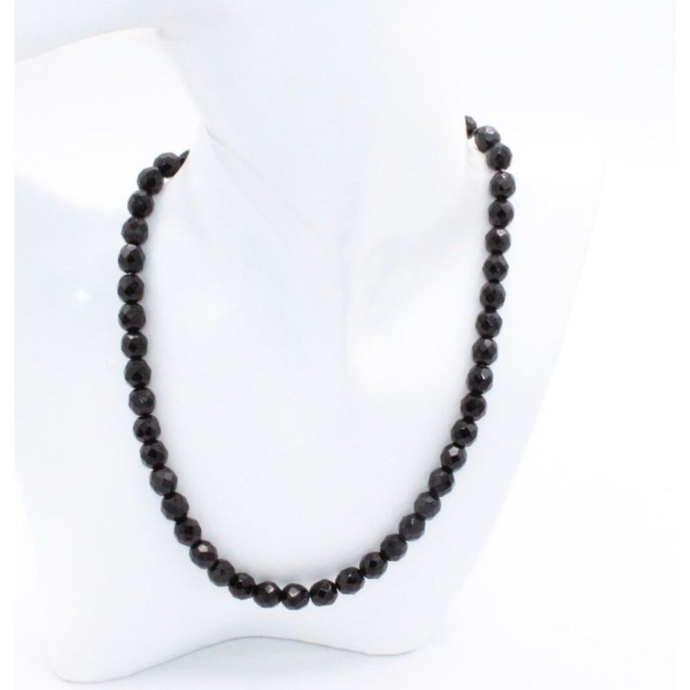 Vintage 1960s Black Faceted Glass Bead Choker Necklace 14" Extender Rhinestone